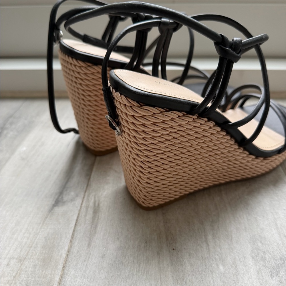 Marc Fisher Black Strappy Wedge Sandals with Tan Woven Heel